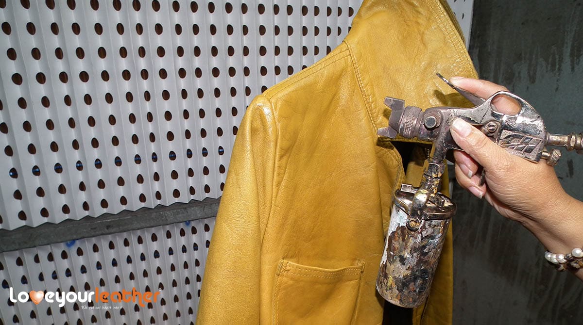 Leather jacket dyeing services. Yellow leather jacket repair dye matching original colour