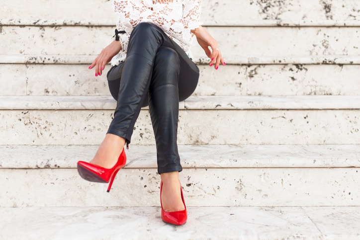 red heels leather pants