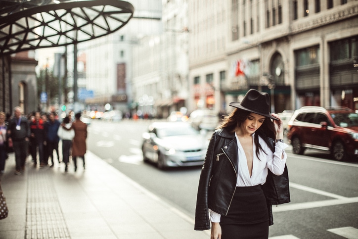 Woman in a leather jacket